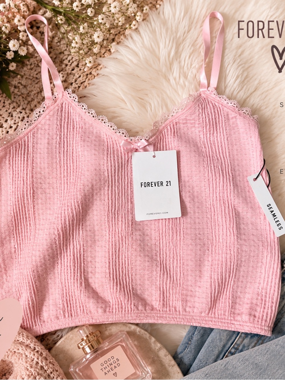 Forever 21 Light Pink Lace-Trim Seamless lingirie bra Cami
